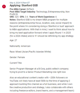 MBA applicant who is targeting Stanford, for their entrepreneurial goals. 