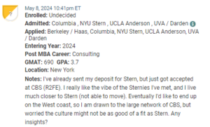 MBA candidate who is deciding between NYU / Stern and Columbia. They want to be on the west coast, post MBA.