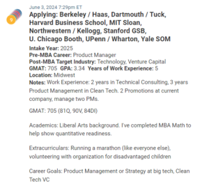 MBA applicant who has a liberal arts degree and is a product manager. GMAT is 705.