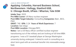 MBA applicant who has a strong GMAT of 740, and is a Naval officer. 