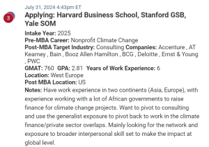 MBA candidate who has worked in climate finance, and seeking to return after a stint in consulting. 