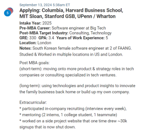 MBA applicant from South Korea, who is currently working in London. GRE is 330.