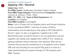 MBA applicant who is reapplying to USC / Marshall, with a better GRE score.