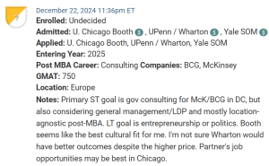 MBA applicant who is deciding between UPenn / Wharton, Chicago / Booth and Yale SOM.