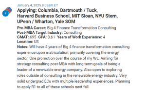 MBA applicant with a 695 GMAT score, who is a transformation consultant. 