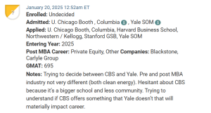 MBA applicant who is deciding which MBA program to attend, Columbia or Yale SOM.