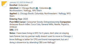 MBA candidate who is choosing between Columbia and Northwestern / Kellogg.