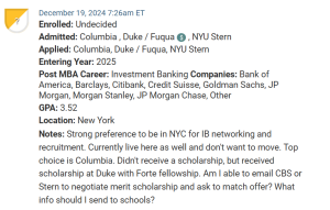 MBA candidate who is deciding between Columbia, NYU / Stern and Duke / Fuqua. They want to pursue investment banking.