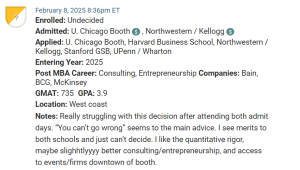 MBA applicant who is choosing between their MBA at Chicago / Booth or Northwestern / Kellogg.