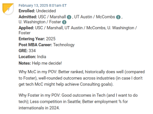 MBA applicant who is deciding between offers from Washington / Foster, Texas / McCombs and USC / Marshall.