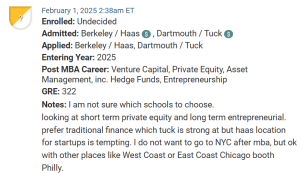 MBA candidate who is deciding between Berkeley / Haas and Dartmouth / Tuck.