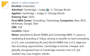 MBA candidate from Japan, who is choosing between Cambridge / Judge's full-time program and Chicago / Booth's EMBA program.